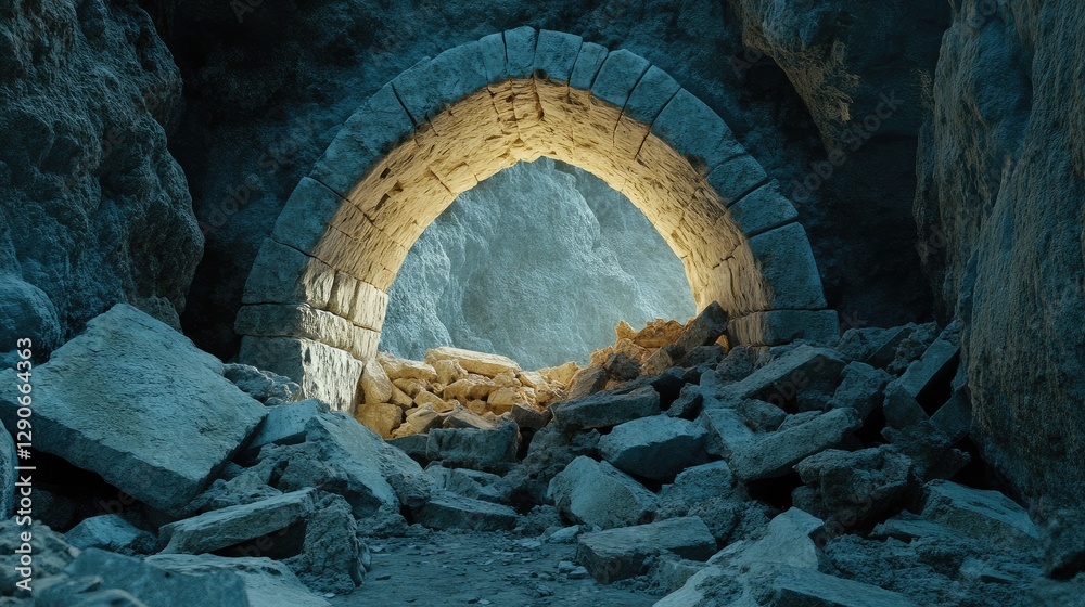 Fototapeta premium Collapsed tunnel entrance with concrete debris blocking the path and dim light filtering through.