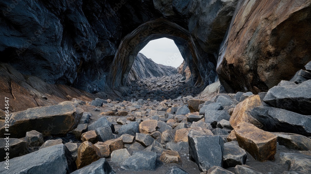 Collapsed tunnel with fallen rocks, twisted metal, and debris blocking the entrance. Collapsed tunnel with fallen rocks, twisted metal, and debris blocking the entrance.