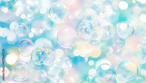 Wallpaper Mural Iridescent Soap Bubbles Floating on Pastel Blue Background with Bokeh Torontodigital.ca