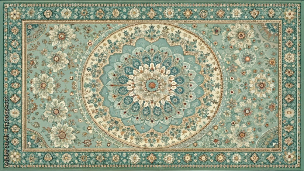 Traditional rug with intricate circular motifs in soft blue and green hues