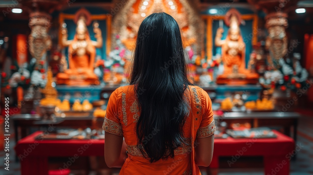 Fototapeta premium Woman in Orange Sari Praying at Hindu Temple
