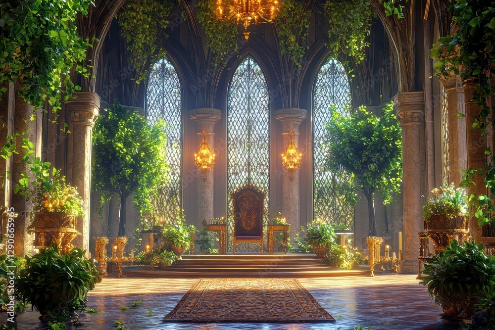 Fototapeta premium Lush Enchanted Hall with Sunlight Streaming Through Ornate Windows, Throne Surrounded by Greenery and Elegant Decor in a Magical Setting