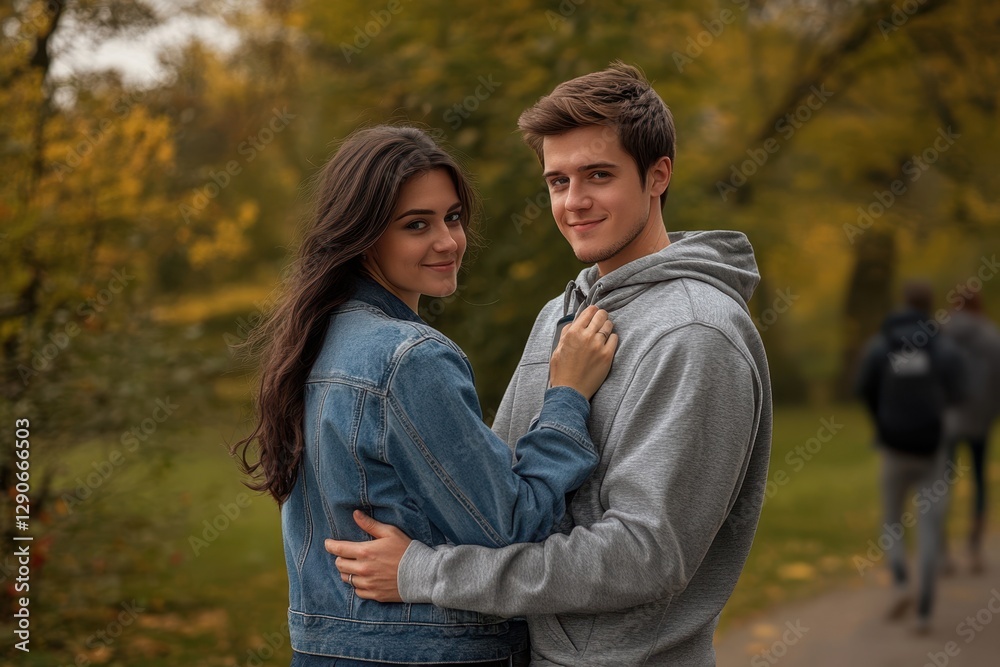 Young couple enjoys an autumn walk in a park surrounded by colorful trees Young couple enjoys an autumn walk in a park surrounded by colorful trees
