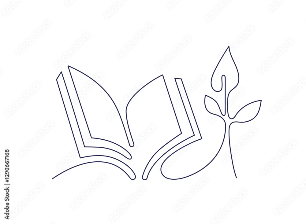 Open book with sprout plant Continuous line vector Open book with sprout plant Continuous line vector