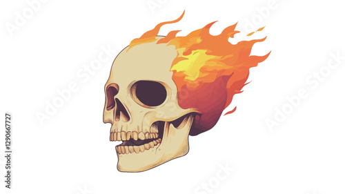 A digital illustration depicting a skull in profile view, engulfed in orange and yellow flames emanating from the top of the skull.  The skull is rendered in a pale beige tone with detailed