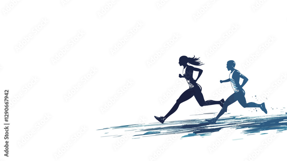 Obraz premium The image is a vector graphic depicting two silhouettes of runners, a male and a female, running in the same direction. The silhouettes are rendered in shades of blue against a white