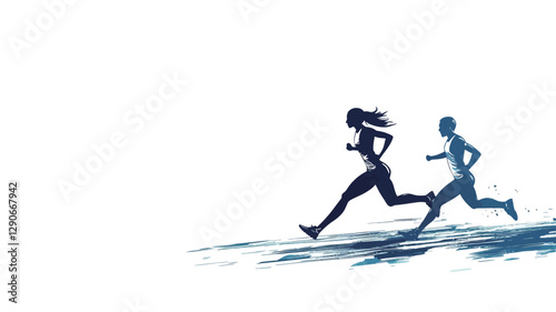 The image is a vector graphic depicting two silhouettes of runners, a male and a female, running in the same direction.  The silhouettes are rendered in shades of blue against a white