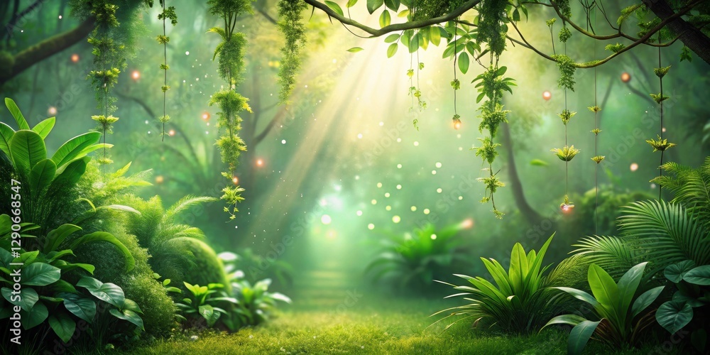 Fototapeta premium Lush greenery in a serene botanical garden with glowing particles suspended in the air, casting an ethereal light on the surroundings