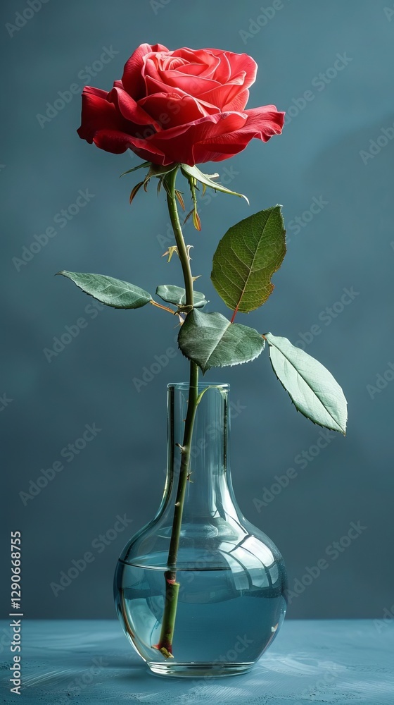 Fototapeta premium Single Red Rose in Clear Glass Vase Elegant Floral Still Life