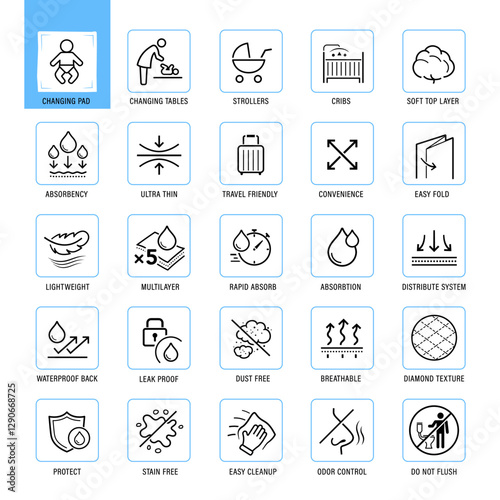Disposable changing mat for babies set icons. The outline icons are well scalable and editable. Contrasting elements are good for different backgrounds. EPS10.	