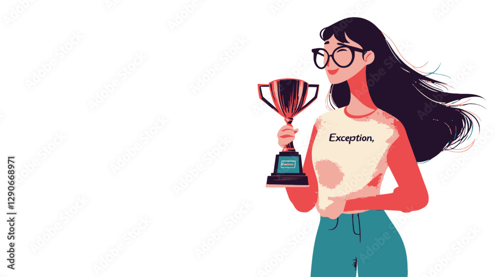 Digital illustration of a young woman with long black hair wearing glasses and a light-colored long-sleeved shirt and teal pants. She is holding a trophy, looking slightly to her right with Digital illustration of a young woman with long black hair wearing glasses and a light-colored long-sleeved shirt and teal pants. She is holding a trophy, looking slightly to her right with