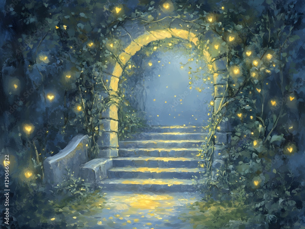 Fototapeta premium Enchanted stone archway leading to a mysterious staircase illuminated by glowing orbs in a lush forest