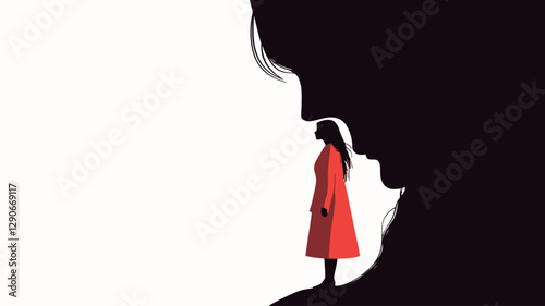 The illustration features a minimalist design with a stark contrast between black and white. A small female figure in a red coat stands before an oversized, shadowy silhouette of a face.
