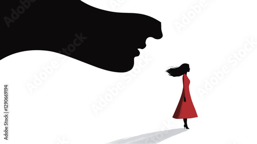 The image is a minimalist vector illustration featuring a female figure in a red dress facing a large, looming black silhouette of a face. The silhouette is amorphous and partially obscures