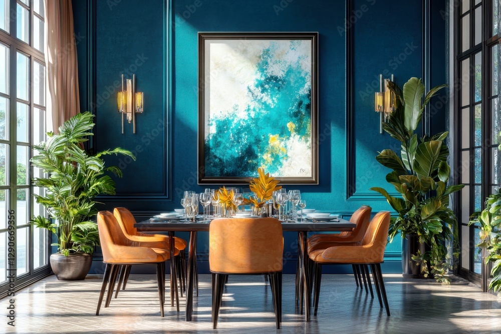 Fototapeta premium Stylish Dining Room with Elegant Furniture, Vibrant Art, and Lush Greenery, Perfect for Modern Interior Design Inspiration