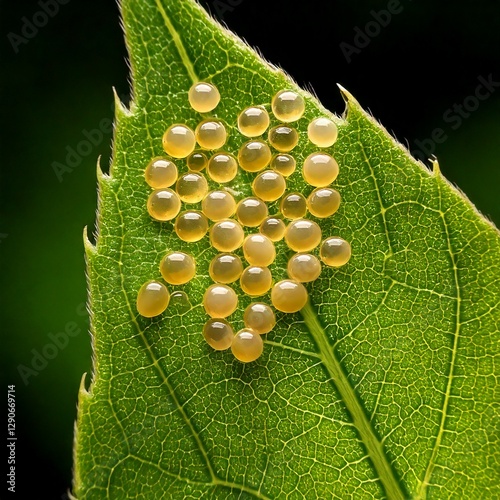 Close-up of butterfly eggs attached to a leaf, revealing microscopic details of their texture and structure, showcasing the intricate patterns and delicate nature of the eggs.