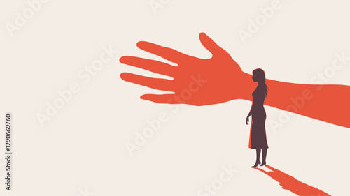 A minimalist vector illustration depicting a small, dark silhouette of a person standing beneath a large, outstretched red hand.  The hand is disproportionately large compared to the