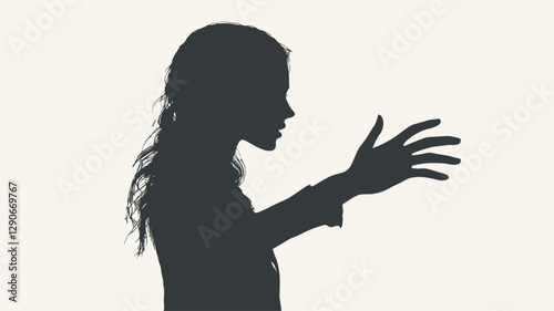 The image is a minimalist monochrome silhouette of a woman's profile against a white background.  The woman's hair is long and flows down her back. Her arm is extended forward, with her
