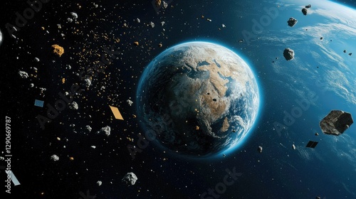 Earth from space with scattered artificial debris, abandoned satellites, and metal fragments in orbit.
