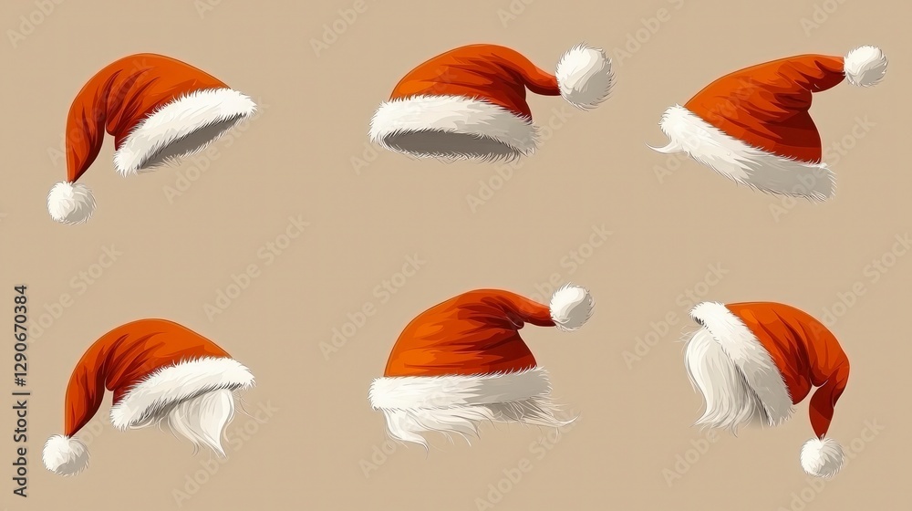 Naklejka premium Festive Christmas Santa Hats Red White Holiday Illustrations