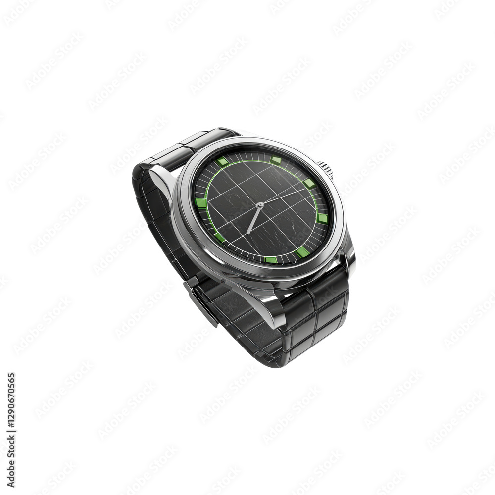 Modern Silver Watch with Black Dial and Green Accents Modern Silver Watch with Black Dial and Green Accents
