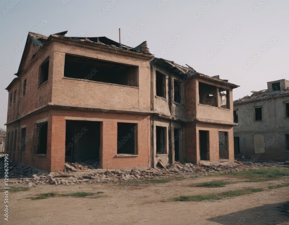 Fototapeta premium An abandoned building has significant rubble in front of it