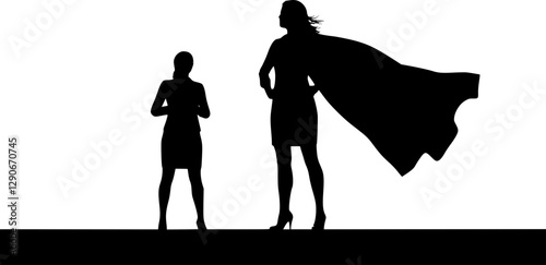 A superhero business woman revealed by her shadow silhouette as a super hero in a cape
