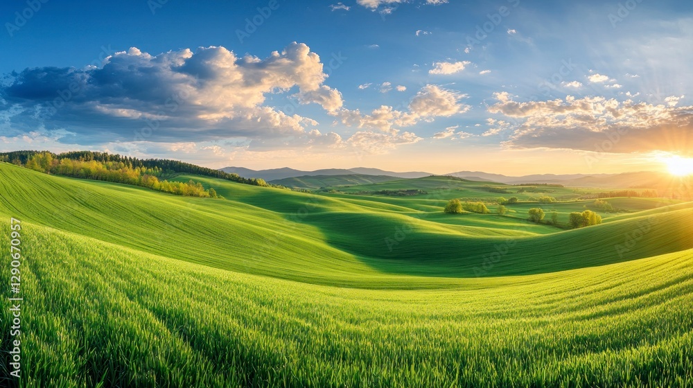 Obraz premium Beautiful spring landscape with green fields, blue sky, and clouds. Aerial view of farmland at sunset. Wide panoramic shot