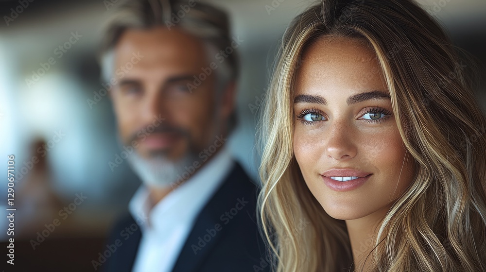 Beautiful Young Woman with Older Man in Background Beautiful Young Woman with Older Man in Background