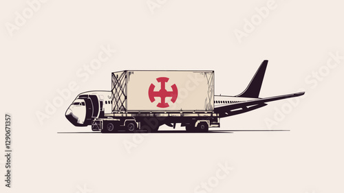 Illustration of a simplified cargo plane with a large container on a flatbed trailer attached. The container features a stylized red cross-like emblem on a white background. The style is