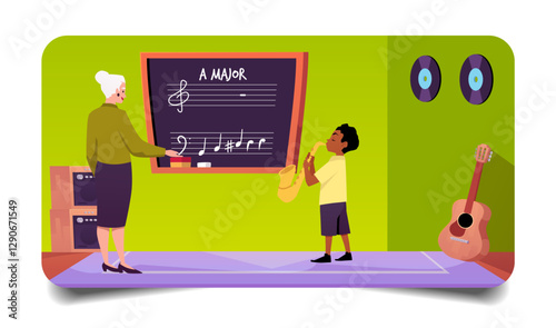 Vector illustration of music classroom interior, with teacher and student.