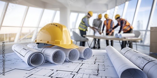 Construction blueprints and hardhats on a desk in modern office