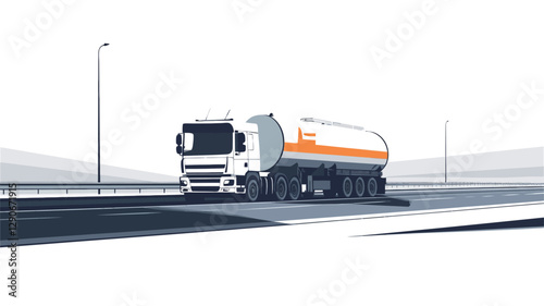 The image shows a white and orange tanker truck traveling on a multi-lane highway. The truck is in sharp focus, while the background is slightly blurred, suggesting motion. The highway is