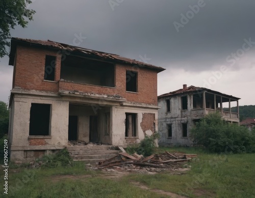 An old, abandoned building that has a considerable number of windows
