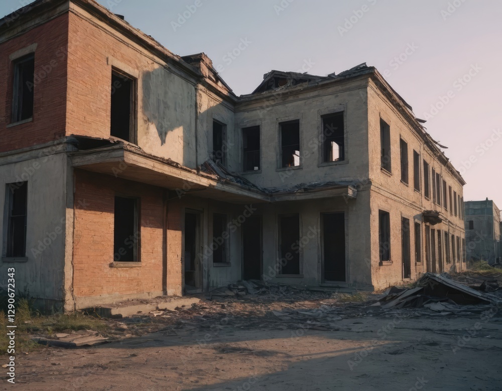 An old, abandoned building that has a considerable number of windows An old, abandoned building that has a considerable number of windows
