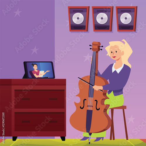 Female student learn to play cello with online lessons flat vector, musical video lecture, girl artist string instrument