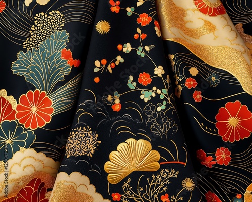 Japanese kimono floral fabric with traditional Japanese fabric pattern and elegant Japanese textile background