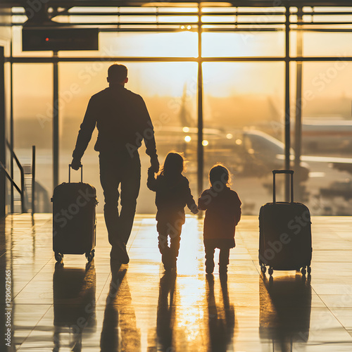Parents and kids walking through an airport with luggage