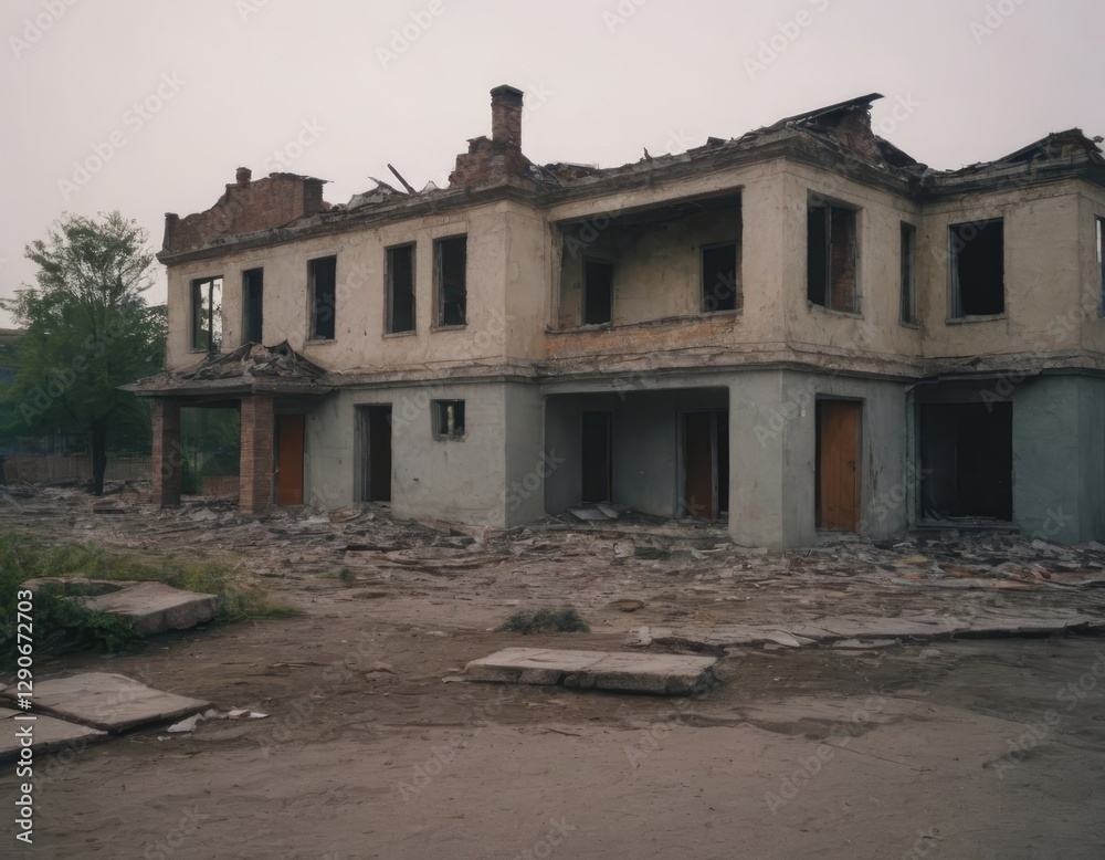 Naklejka premium A long row of abandoned, dilapidated buildings featuring a yellow door