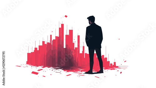 The image is a digital illustration featuring a black silhouette of a man standing in profile view against a white background. Behind him is a stylized, abstract cityscape rendered in