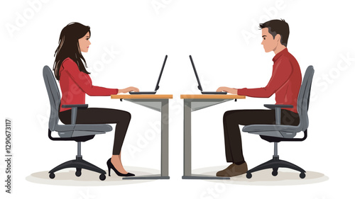 An illustration depicting a man and a woman seated at adjacent desks, each using a laptop computer.  Both individuals are shown in profile view, facing away from each other.  They are