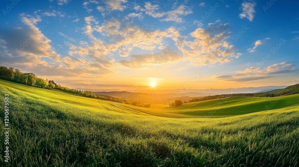 Beautiful spring landscape with green fields, blue sky, and clouds. Aerial view of farmland at sunset. Wide panoramic shot Beautiful spring landscape with green fields, blue sky, and clouds. Aerial view of farmland at sunset. Wide panoramic shot