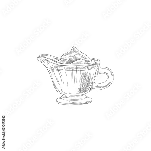 Yogurt bowl, sour or cheese cream jug engraved sketch, vector hand drawn glass cup with melted chocolate for fondue