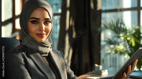 Young Turkish Muslim businesswoman wearing beige hijab suit, sitting confidently in a modern office with a cityscape in the background, representing professionalism and empowerment, concept of career
