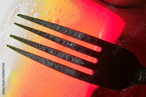 Abstract photo of the tines of a metal fork over red and yellow