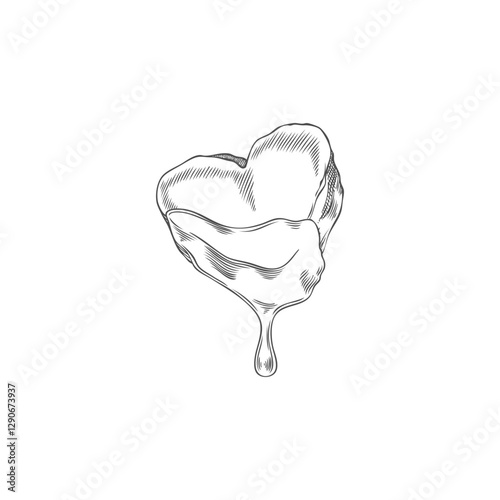 Monochrome sketch of marshmallow in heart shape in hot chocolate. Fondue.
