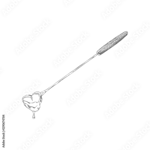 Black and white sketch of fondue fork with marshmallow dipped in hot chocolate or cheese.