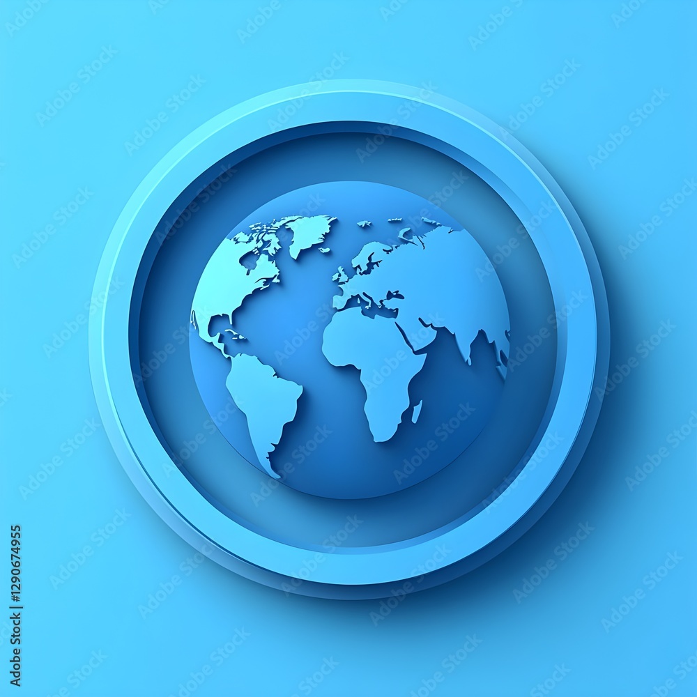 Global Connections Stylized 3D Blue Earth Icon in Circular Frame Global Connections Stylized 3D Blue Earth Icon in Circular Frame