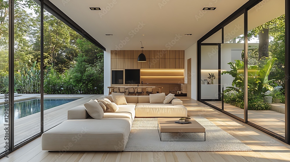 Fototapeta premium Modern living room with large windows overlooking a backyard