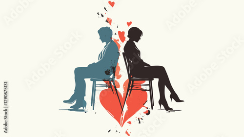The image is a stylized illustration depicting two silhouettes of individuals, a man and a woman, seated back-to-back on chairs.  They are rendered in shades of teal and black.  Between